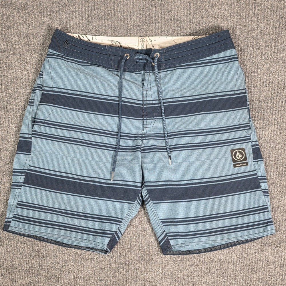 Volcom Slingers Mens Blue Striped Board Shorts Swim Trunks Size 30